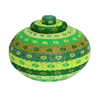 Beaded rattan basket, 'Tropical Glamour' - Green Beadwork Rattan Basket
