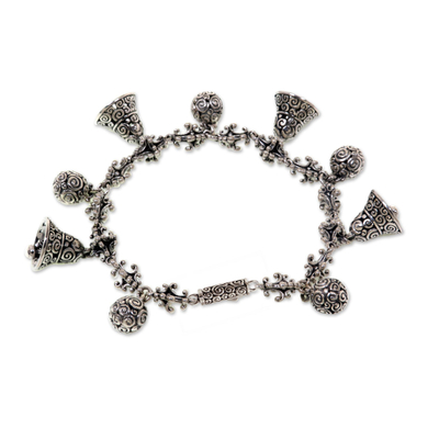 Sterling silver charm bracelet, 'Singing Bells' - Women's Sterling Silver Buddha Curl Bracelet