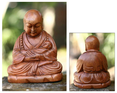 Wood sculpture, 'Buddha with a Baby' - Hand Carved Wood Sculpture