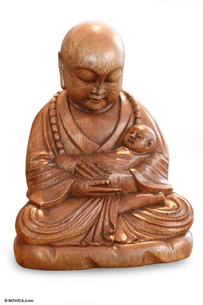 Wood sculpture, 'Buddha with a Baby' - Hand Carved Wood Sculpture