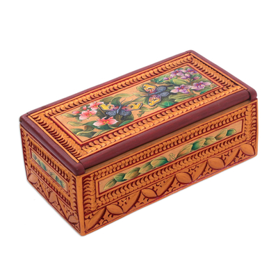 Hand Painted Mini Jewelry Box with Butterfly Motif, 'Butterfly Paradise