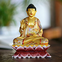 Wood statuette, 'Buddha with Butterflies' - Hand Painted Crocodile Wood Sculpture