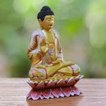 Wood statuette, 'Buddha with Butterflies' - Hand Painted Crocodile Wood Sculpture