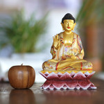 Wood statuette, 'Buddha with Butterflies' - Hand Painted Crocodile Wood Sculpture