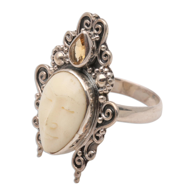 Citrine cocktail ring, 'Sleeping Princess' - Cow Bone and Citrine Cocktail Ring