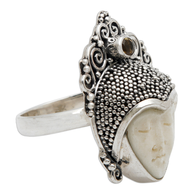 Citrine cocktail ring, 'Sleeping Prince' - Citrine and Cow Bone Silver Cocktail Ring