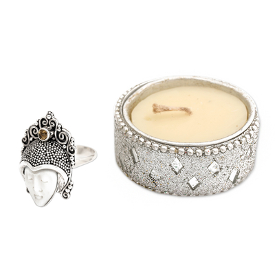 Citrine cocktail ring, 'Sleeping Prince' - Citrine and Cow Bone Silver Cocktail Ring