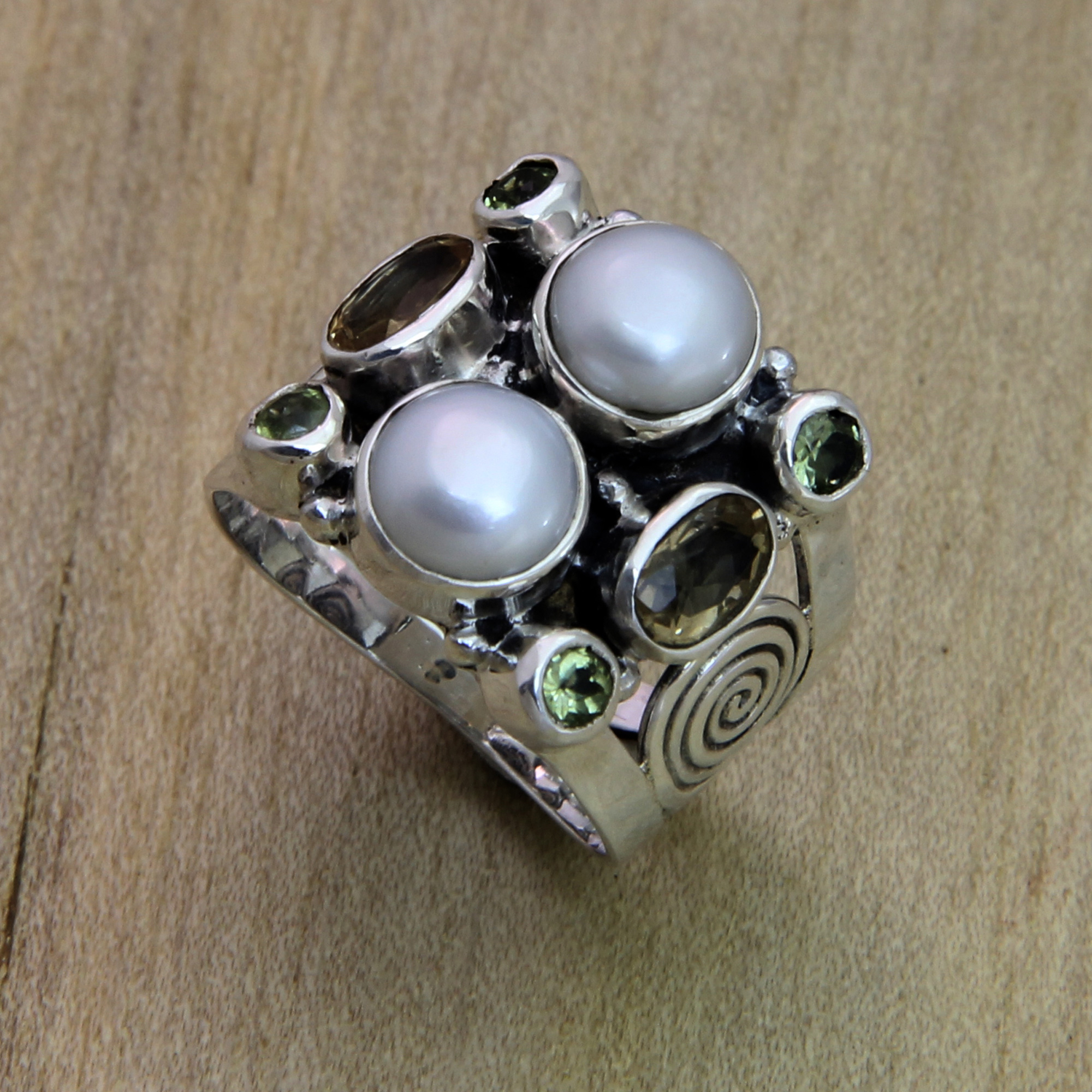 Sterling Silver and Multigem Cocktail Ring from Java, 'Spiral Dream' citrine peridot cultured pearls Handcrafted jewelry