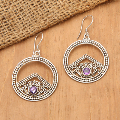Amethyst dangle earrings, 'Balinese Moon' - Amethyst dangle earrings