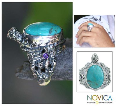 Men's amethyst ring, 'Blue Turtle' - Men's Reconstituted Turquoise and Silver Ring