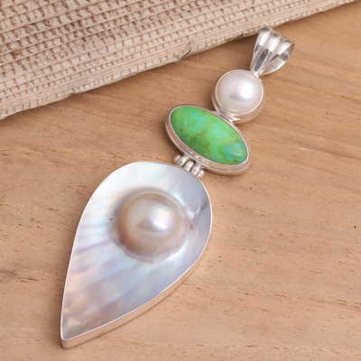 Cultured pearl and green turquoise pendant, 'Angel Voice' - Cultured pearl and green turquoise pendant