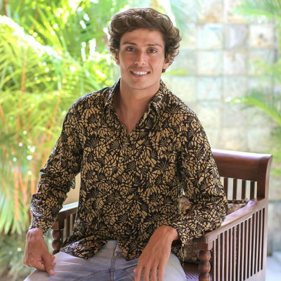 Men's cotton batik long-sleeve shirt, 'Autumn Night' - Men's Cotton Batik Shirt