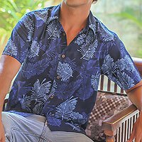 Men's Indonesian Batik Cotton Shirt - Turquoise Cosmos | NOVICA