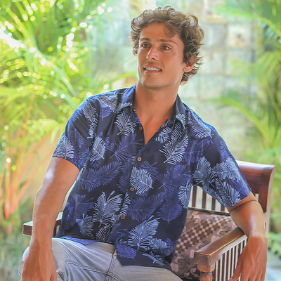 Handcrafted Men's Cotton Batik Short Sleeve Shirt - Ocean Breeze | NOVICA