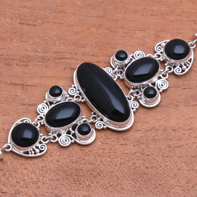 Onyx pendant bracelet, 'A Night to Remember' - Sterling Silver and Onyx Bracelet from Indonesia