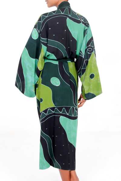 Women's batik robe, 'Emerald Birds' - Women's Fair Trade Batik Robe