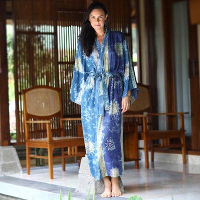 Women's batik robe, 'Blue Baliku' - Women's Hand Made Batik Robe