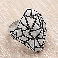 Men's sterling silver domed ring, 'Pyramidal Puzzle'