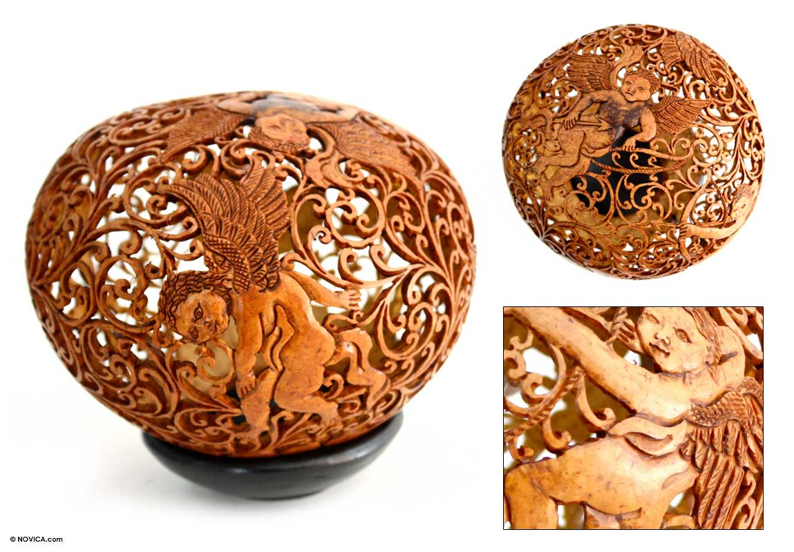 Coconut Shell Carving with Stand - Proud Roosters