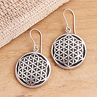 Sterling silver and wood dangle earrings, 'Flower of Life'