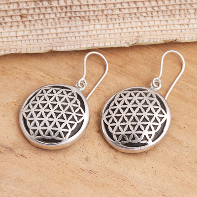 Sterling silver and wood dangle earrings, 'Flower of Life' - Hand Crafted Sterling Silver Dangle Earrings