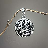 Sterling Silver and Wood Pendant,'Flower of Life'