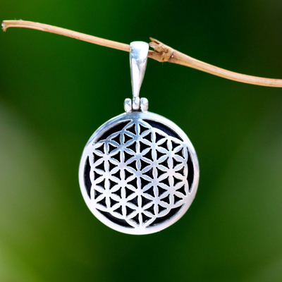 Sterling silver and wood pendant, 'Flower of Life' - Sterling Silver and Wood Pendant