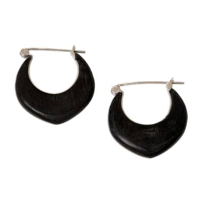 Sterling silver hoop earrings, 'Sleek and Chic' - Handcrafted Wood and Sterling Silver Hoop Earrings