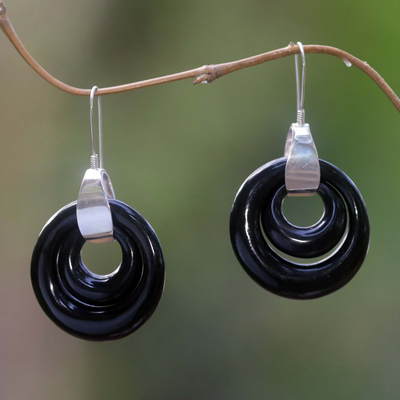 Sterling silver dangle earrings, 'Black Halo' - Carved Horn and Sterling Silver Dangle Earrings