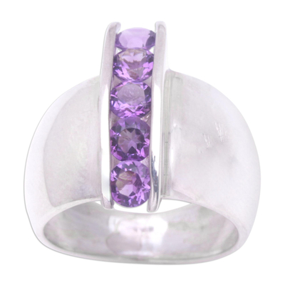 Amethyst cocktail ring, 'Five Reasons' - Unique Modern Sterling Silver and Amethyst Ring
