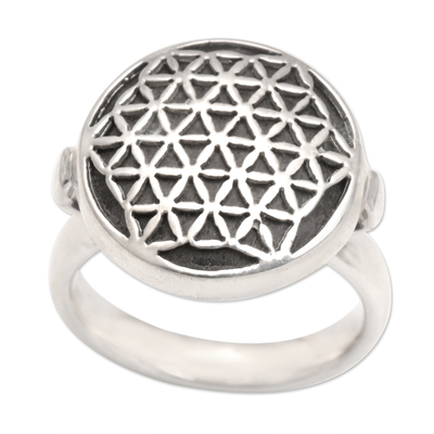 Sterling silver and wood cocktail ring, 'Flower of Life' - Sterling Silver Signet Ring from Indonesia