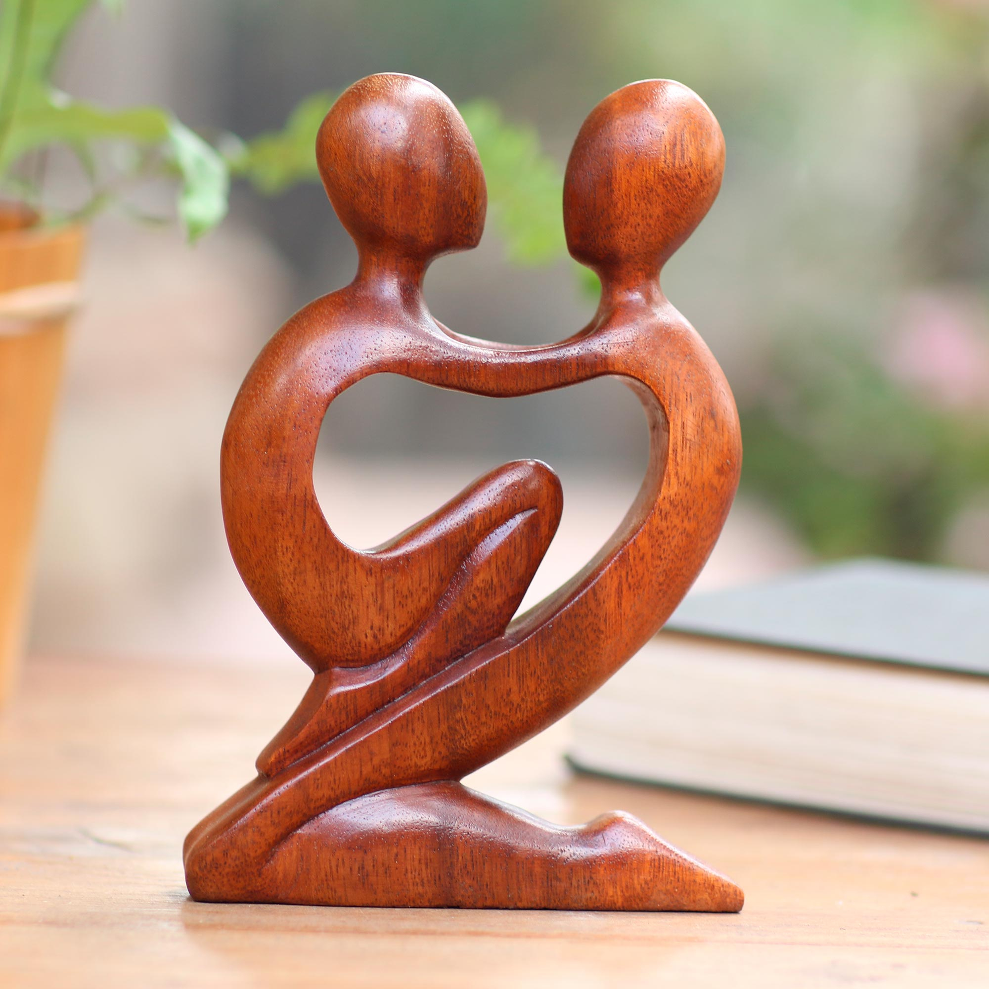 11.5 Tall 'So in Love' NOVICA Hand Carved Brown Romantic Love Natural Wood Grain Sculpture