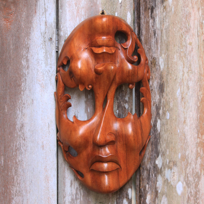 Wood mask, 'Joy and Sorrow' - Unique Modern Wood Mask