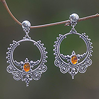 Amber dangle earrings, 'Temple of Light' - Golden Amber and Sterling Silver Dangle Earrings