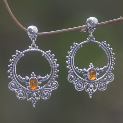 Amber dangle earrings, 'Temple of Light' - Sterling Silver and Amber Dangle Earrings