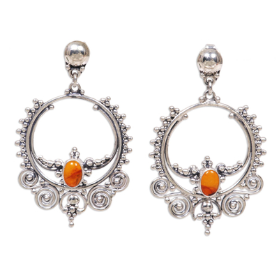 Amber dangle earrings, 'Temple of Light' - Sterling Silver and Amber Dangle Earrings