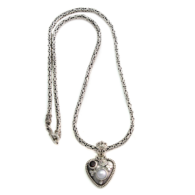 Pearl and garnet heart necklace, 'So in Love' - Sterling Silver and Pearl Heart Necklace