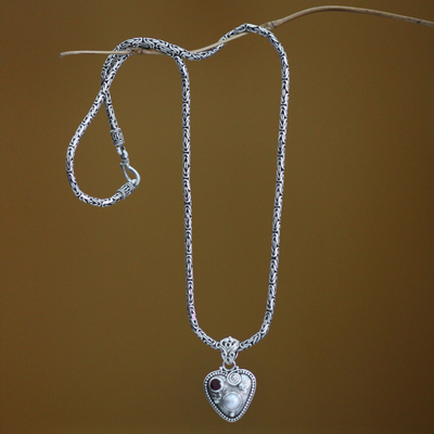 Pearl and garnet heart necklace, 'So in Love' - Sterling Silver and Pearl Heart Necklace