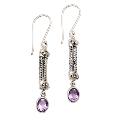 Amethyst dangle earrings, 'Bali Birthright' - Amethyst Sterling Silver Dangle Earrings