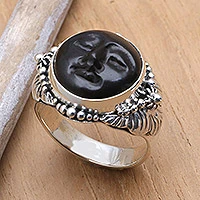 Ebony cocktail ring, 'Amun Ra' - Handcrafted Ebony and Silver Ring from Indonesia