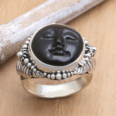 Ebony cocktail ring, 'Amun Ra' - Hand Crafted Ebony Wood and Silver Cocktail Ring