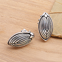 Sterling silver button earrings, 'Scarab'