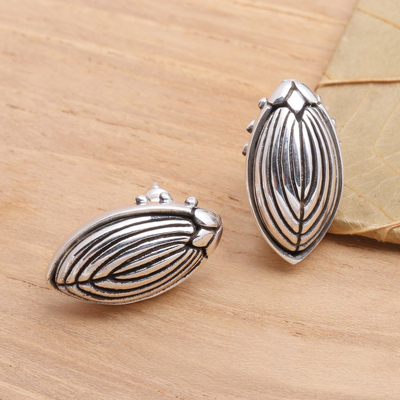 Sterling silver button earrings, 'Scarab' - Sterling silver button earrings