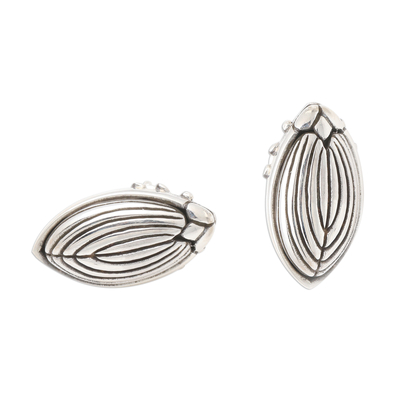 Sterling silver button earrings, 'Scarab' - Sterling silver button earrings
