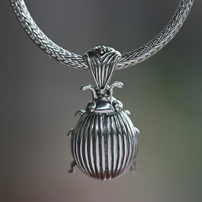 Sterling silver pendant necklace, 'Lucky Beetle' - Handcrafted Sterling Silver Pendant Necklace