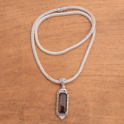 Smoky quartz pendant necklace, 'Paradise Lantern' - Sterling Silver and Smoky Quartz Pendant Necklace