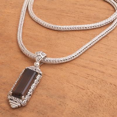 Smoky quartz pendant necklace, 'Paradise Lantern' - Sterling Silver and Smoky Quartz Pendant Necklace