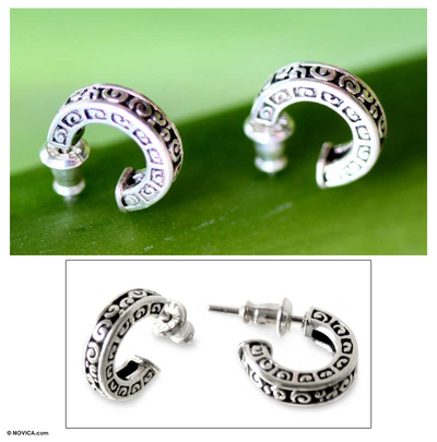 Sterling silver half hoop earrings, 'Artistry' - Sterling Silver Half Hoop Earrings from Indonesia