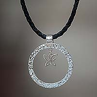 Sterling silver and leather pendant necklace, 'Tiny Butterfly'