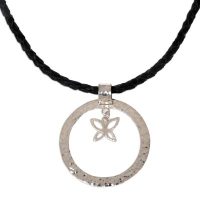 Sterling silver and leather pendant necklace, 'Tiny Butterfly' - Sterling silver and leather pendant necklace
